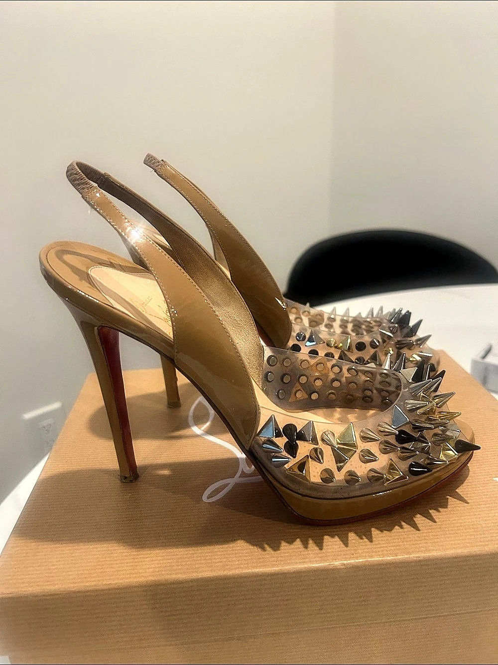 Christian Louboutin Pigalle Follies 120 Spiked Slingback Heels in Gold & Red EU